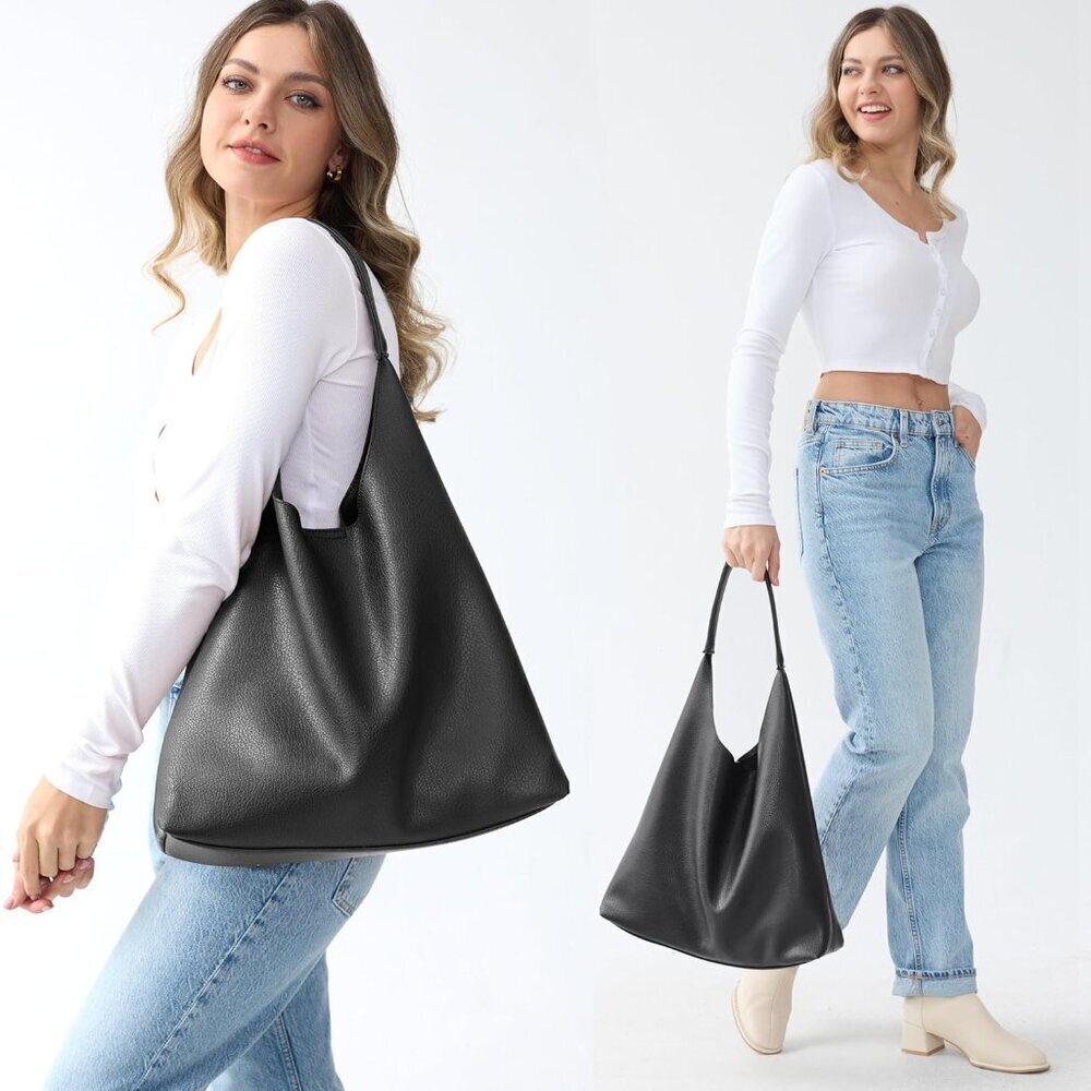 Hobo Black Bags for Women Soft Vegan Leather Slouchy Tote Shoulder Handbag - Picture 2 of 6